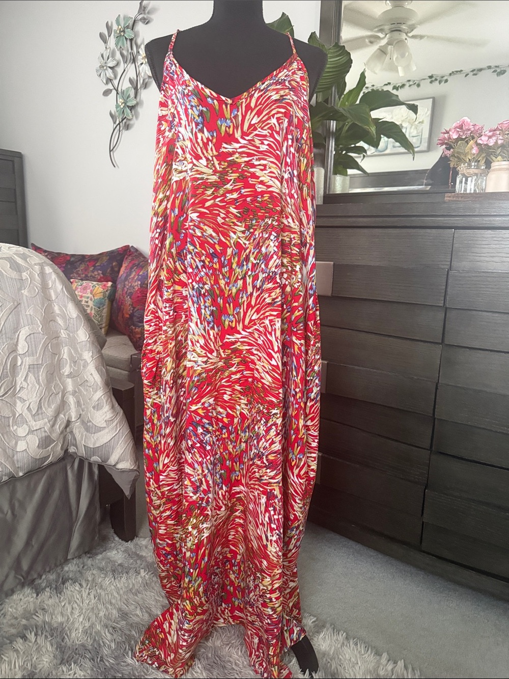 Women’s Red Printed Maxi Dress - Sleeveless Flowing Silhouette